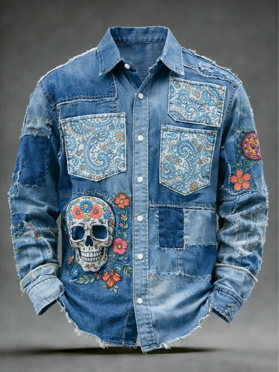 Men's Hippie Art Print Cotton Vintage Casual Cotton Long Sleeve Shirt